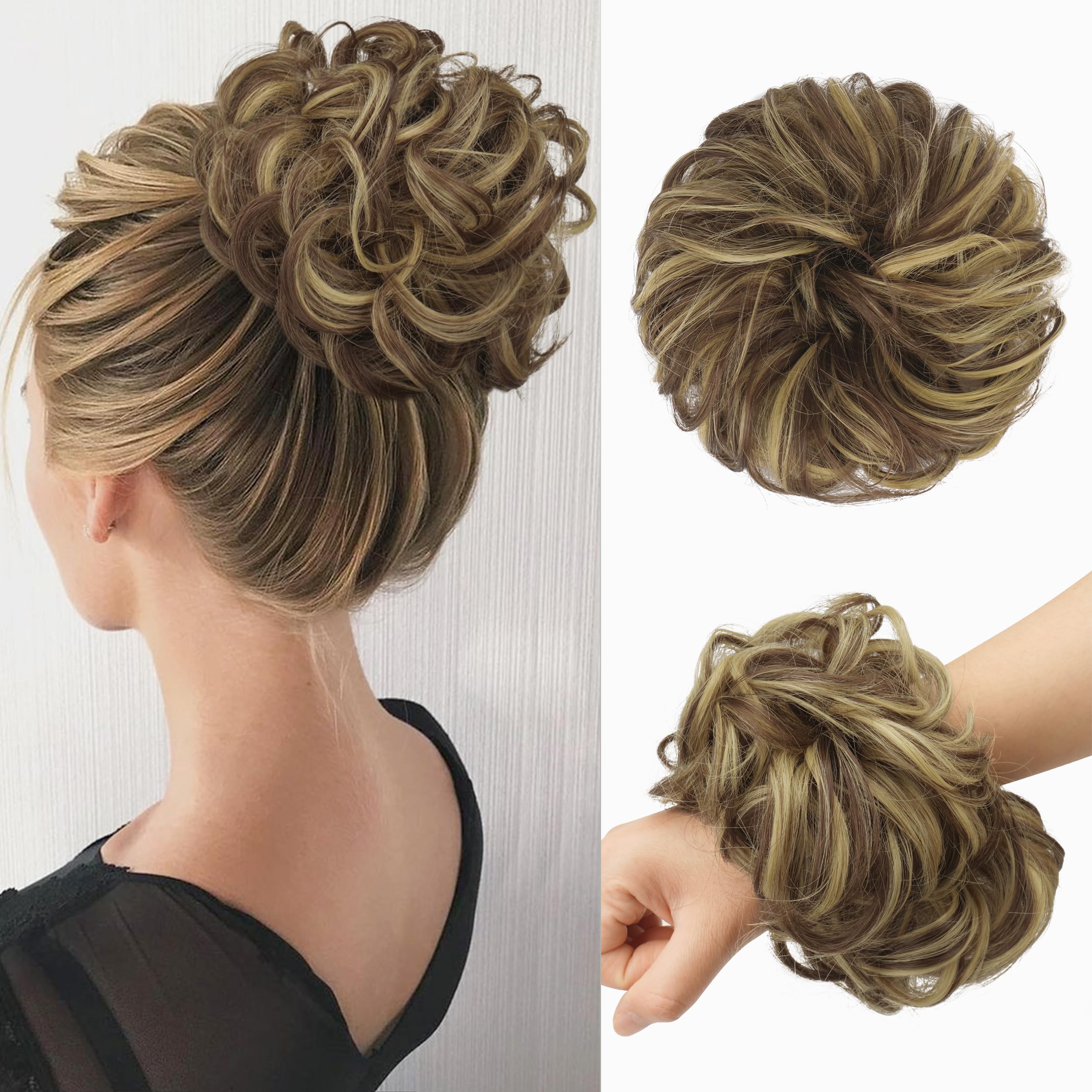 FESHFEN Messy Bun Hair Piece Hairs Scrunchies Thick Curly Wavy Pony Tail Synthetic Accessories Donut Updo Hairpieces for Women Girls 55g, Blonde Highlighted Medium Brown