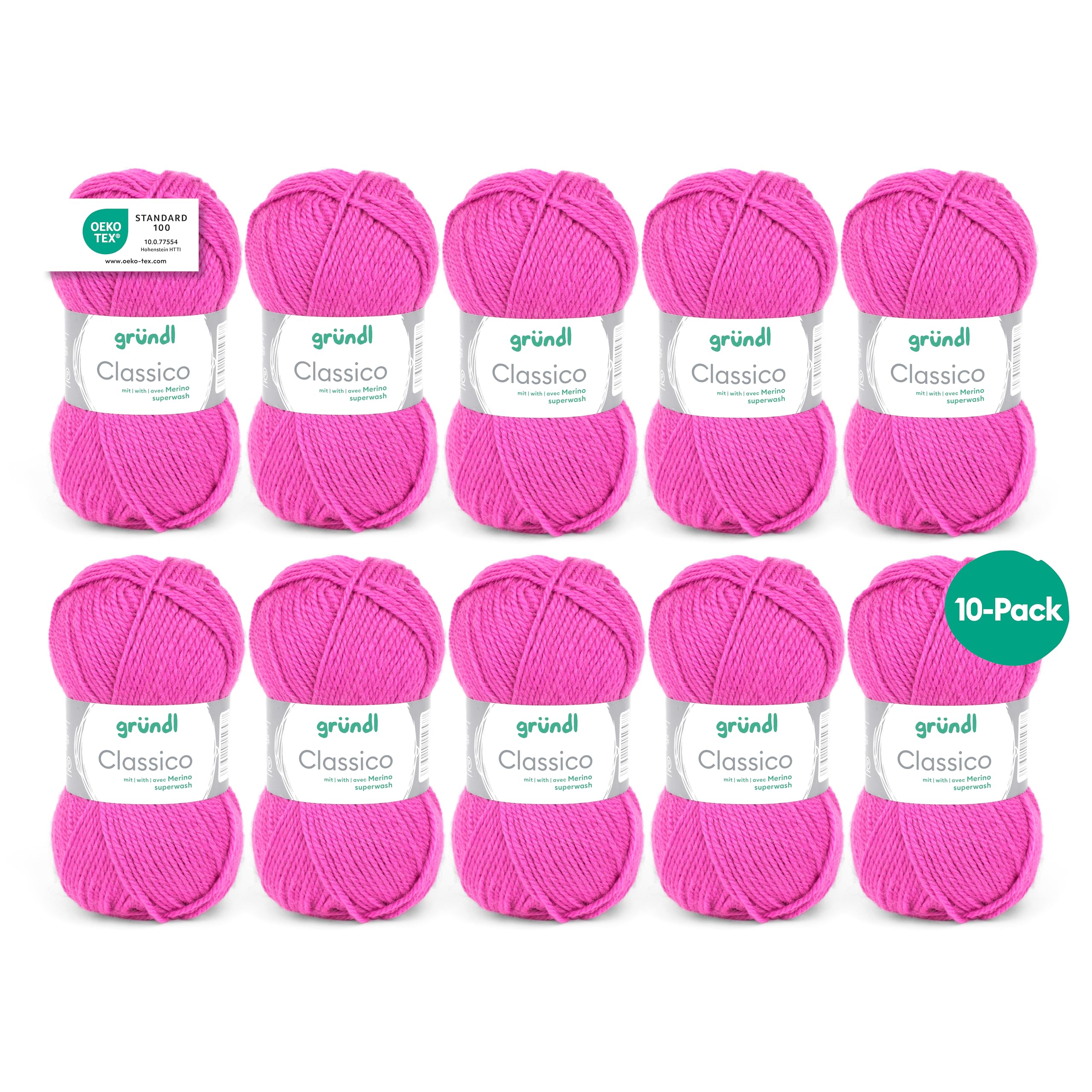 Gründl Classico Wolle (OEKO-TEX® certified knitting/crochet yarn made of 50% pure new wool (Merino superwash) & 50% polyacrylic, 50 g/120 m, needle size: 3.5-4.5, 10 balls á 50 g), Fuchsia