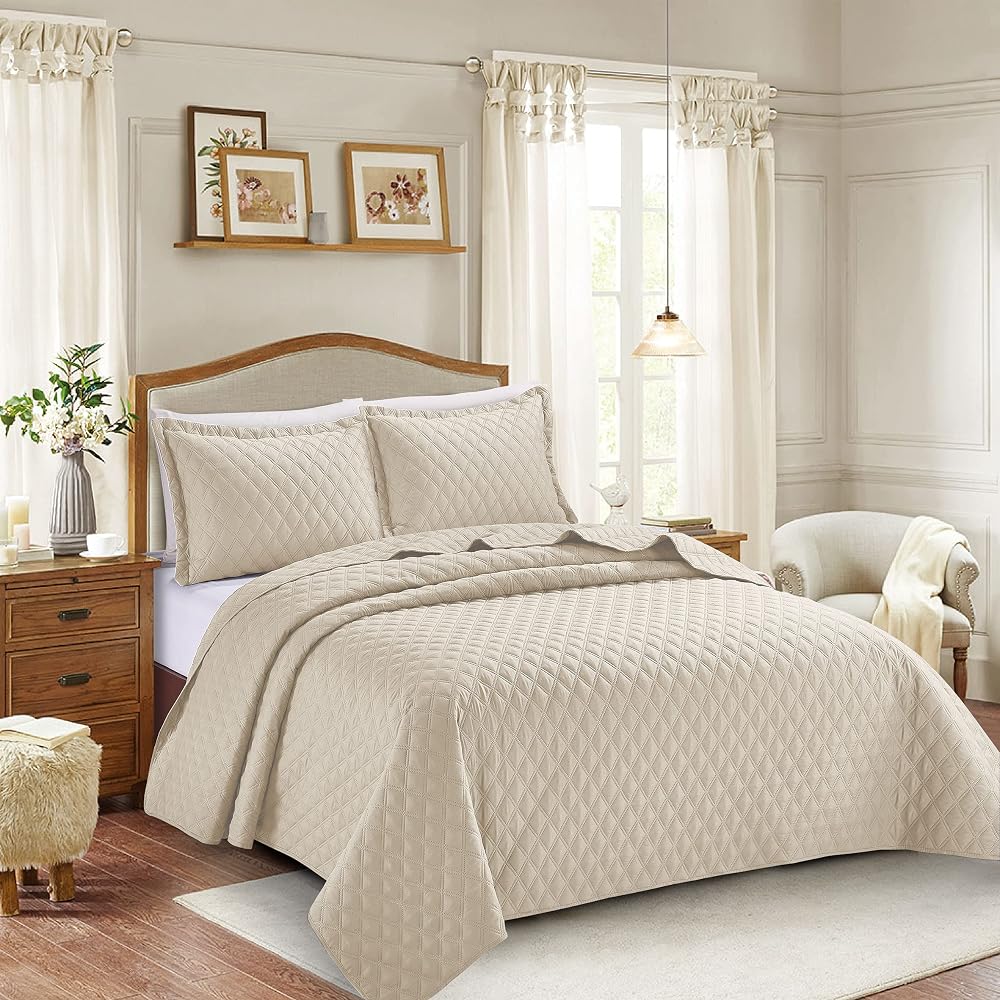 Prime Linens 3 Piece Inspiration Quilted Bedspread Beige Single 2 Piece