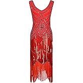 Vintage Women's Flapper Dresses 1920s Sequin Beaded Fringed Great Gatsby Dress (Red, US 8-10)