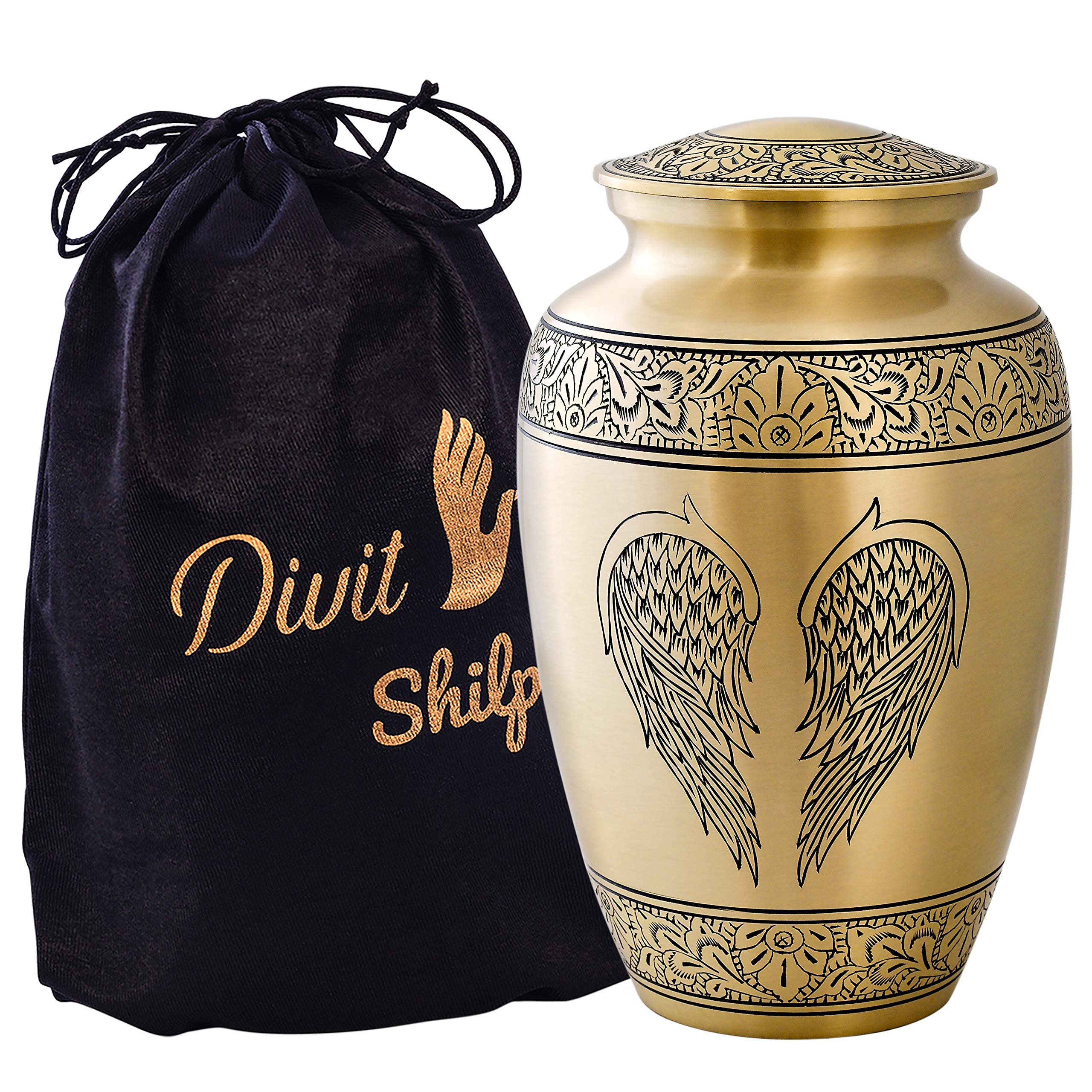 Cremation Urn for Human Ashes with Velvet Bag, for Adults up to 100 kgs, Funeral Urns by Divit Shilp (Golden Angel Wings, Adult)