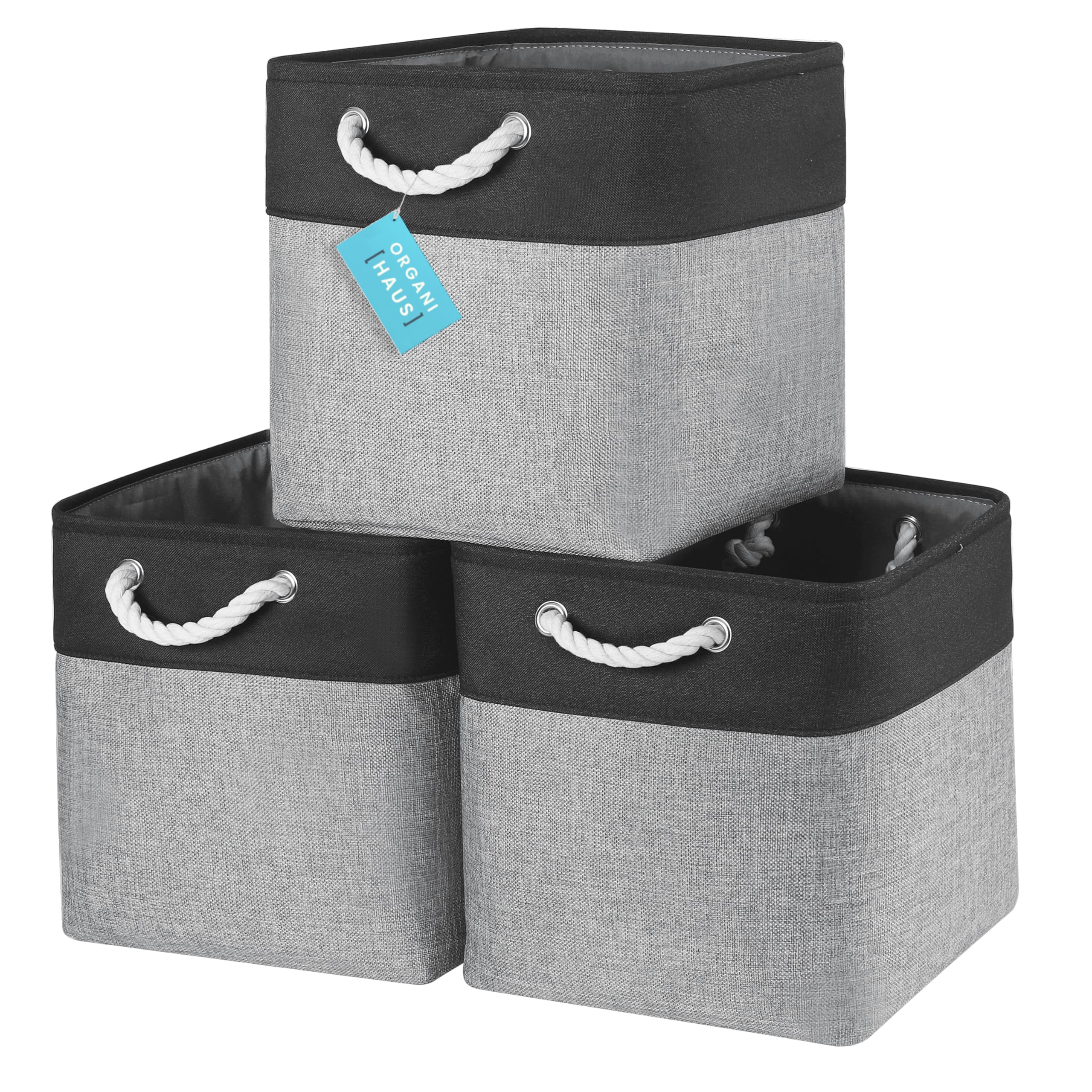 OrganiHaus Fabric Storage Boxes, Set of 3 Foldable 30X30 Cube Organiser Bins with Rope Handles for Shelves, Nursery & Closet, Collapsible Storage Baskets for Toys, Clothes & More - Grey/Black