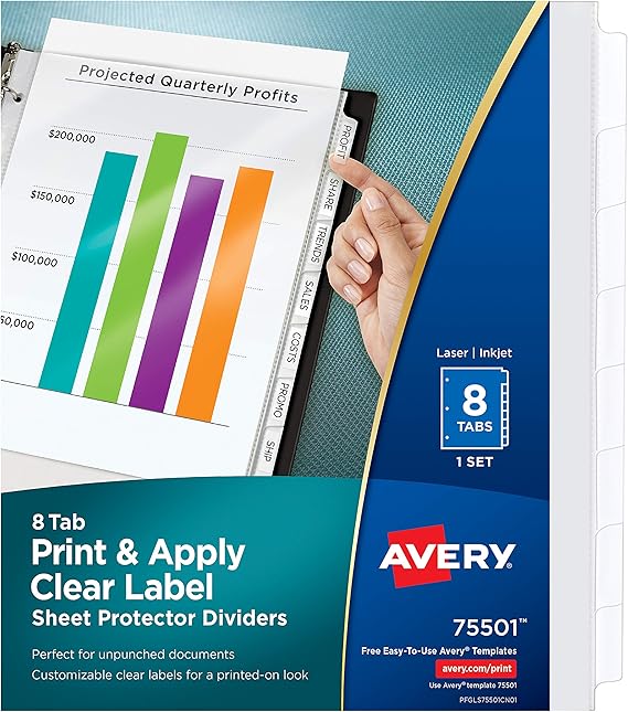 Avery 8-Tab Sheet Protectors Dividers, Printable Easy Peel Clear Labels ...