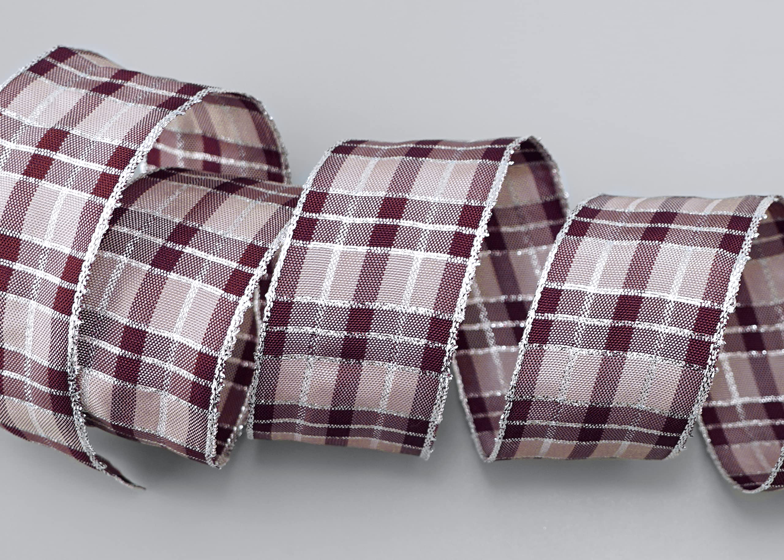 finemark 20 m x 40 mm Checked Christmas Ribbon Plum Silver (259) with Lurex Wired Edge Ribbon Decorative Ribbon Gift Ribbon Tartan Shiny Ribbon Gold Edge Wire Ribbon Winter Christmas Check — image 1