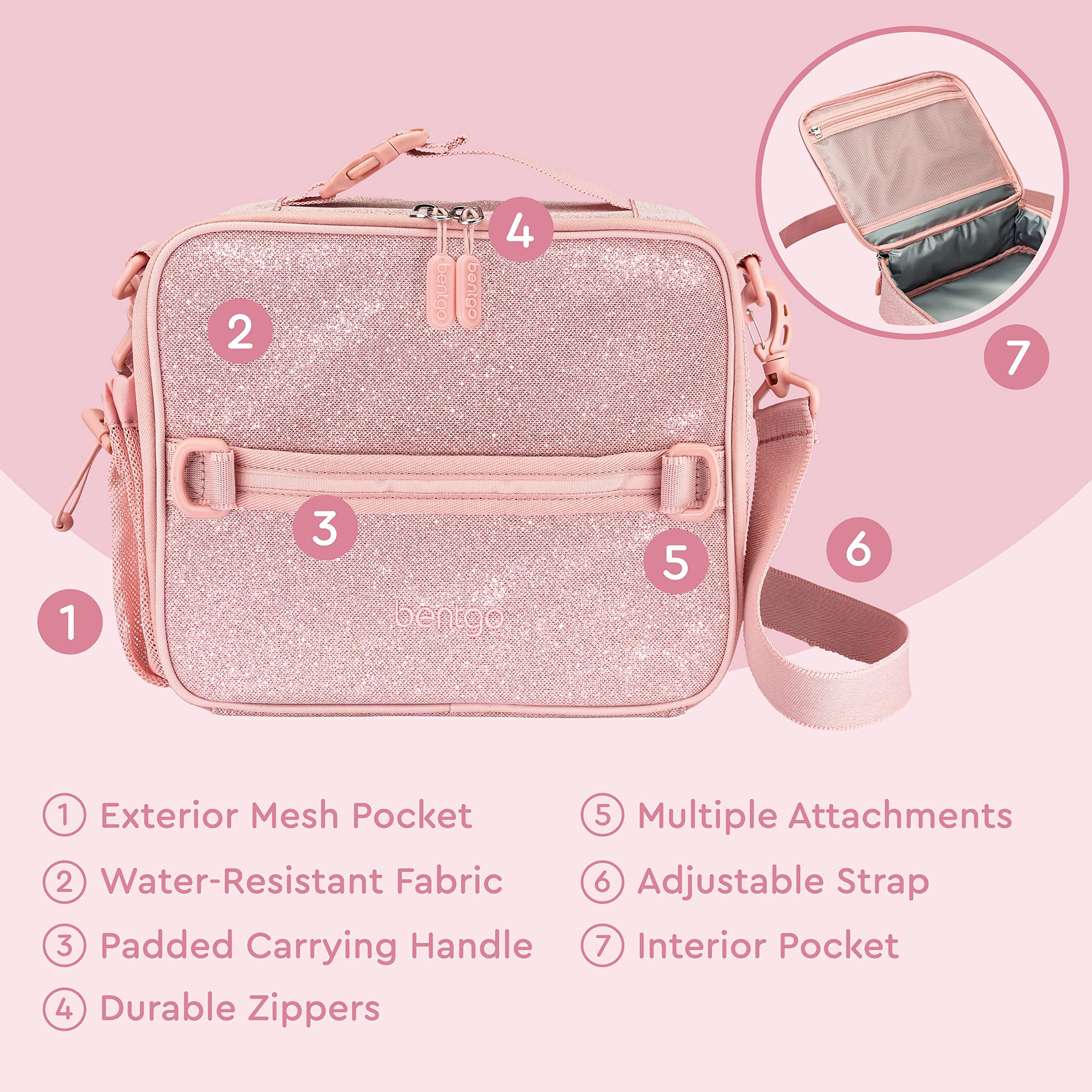 Bentgo Kids Lunch Bag - Double-Insulated, Reusable Lunch Bag for Kids 3+ with Adjustable Strap; Holds Lunch Box/Water Bottle/Snacks; Easy-Clean, Water-Resistant & Pockets (Glitter - Petal Pink)