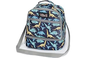 Tilami Lunch Bags Insulated Adjustable Strap Zipper, Two Compartments Cooler Bags, Bento Bags for Kids Toddlers, Dinosaur