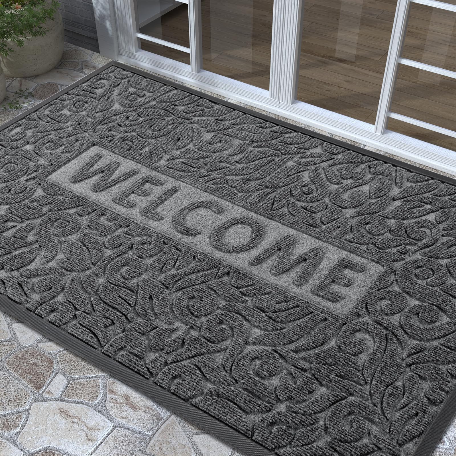 Yimobra Large Welcome Mat 60x36, Waterproof Non-Slip Outdoor Mats for Front Door Outside Entrance, Low-Profile Entryway Mat Indoor for Garage Patio, Grey Image