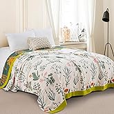 Purefair 100% Muslin Cotton Throw Blanket for Bed Couch Chair, Botanical Plant Floral Printed Quilt Ultra Soft Reversible Gauze Blanket for All Season, 60"x80"