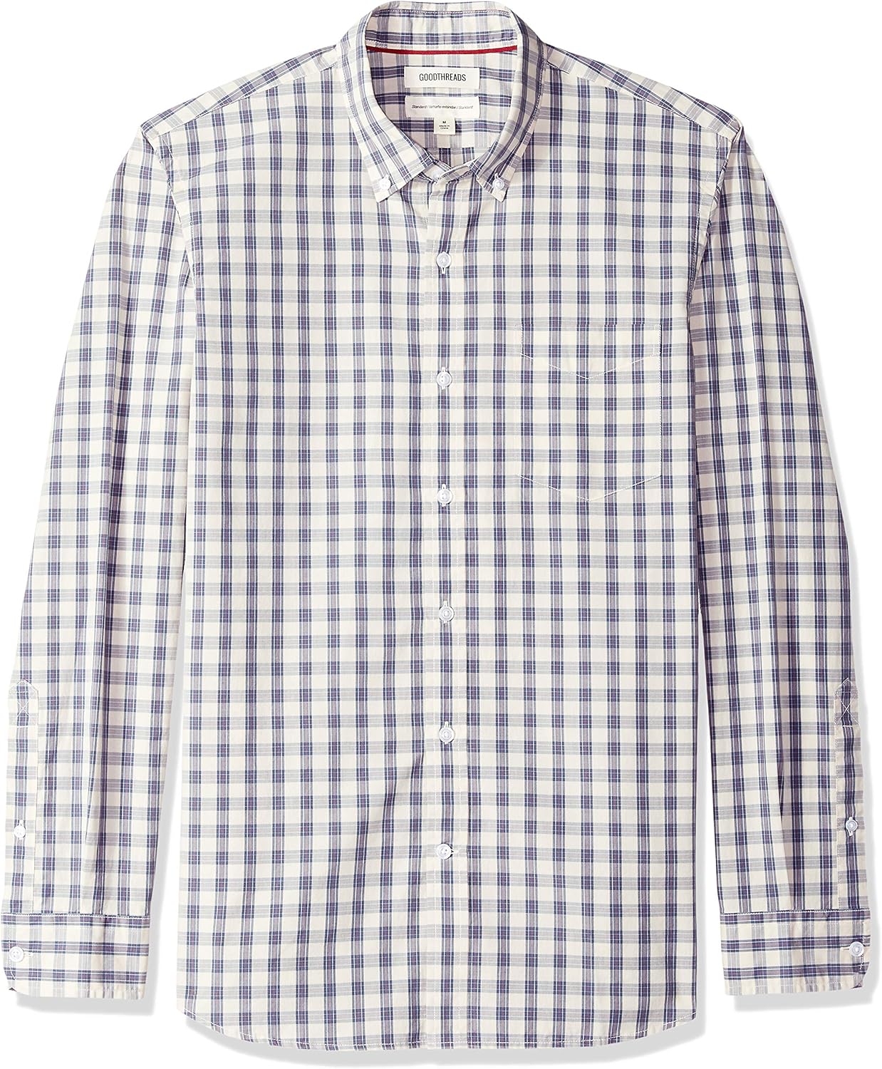  Brand - Goodthreads Men's Standard-Fit Long-Sleeve Plaid Poplin Shirt with Button-Down Collar: Clothing