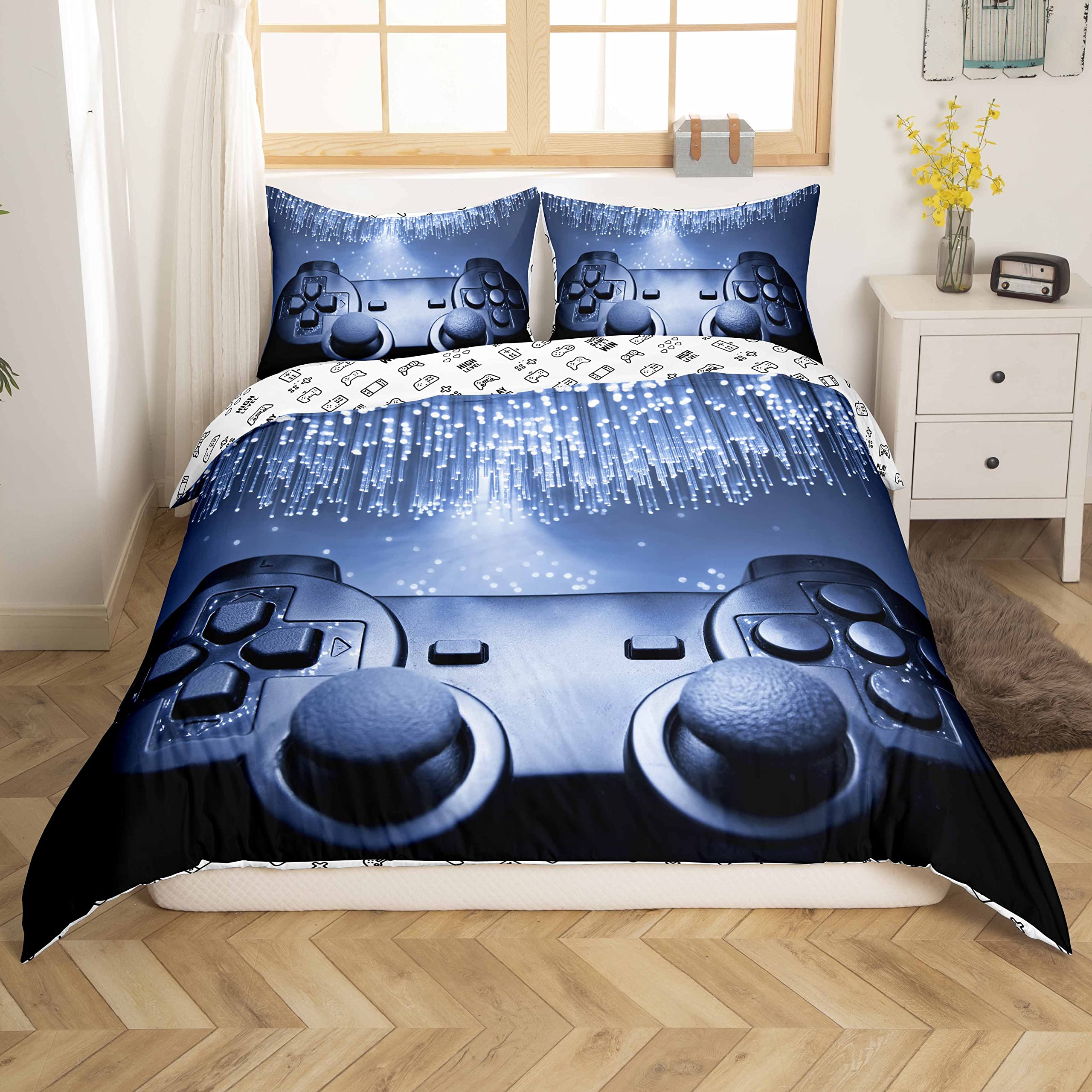 Loussiesd Gaming Bedding Set for Kids Boys Girls Teens Gamer Video Game Duvet Cover Novelty Comforter Cover Soft Black Microfiber Quilt Decor 3Pcs Bedding Double Zipper