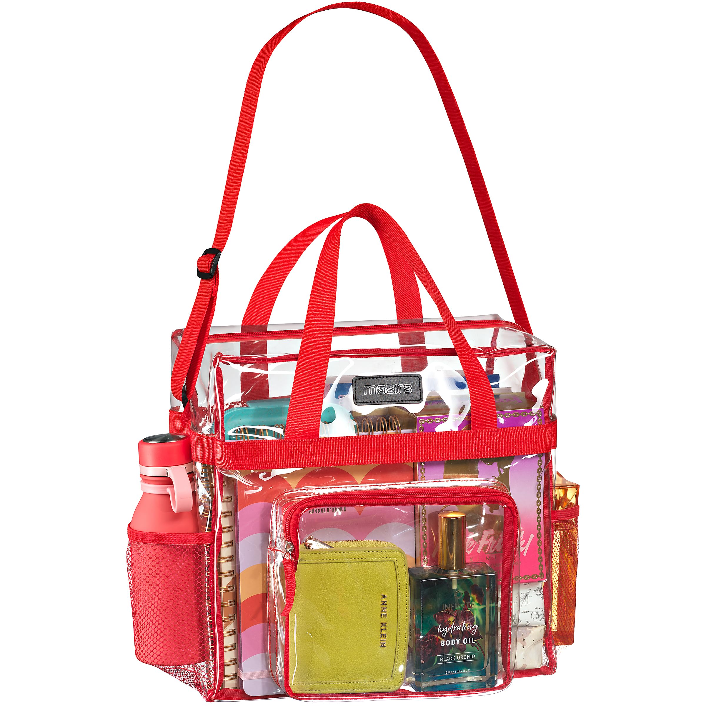Photo 1 of Masirs Clear Tote Bag Stadium Approved - Mesh Pockets, Shoulder Straps and Zippered Top. Perfect Clear Bag for Work, Sports Games and Concerts. Meets Stadium Tournament Guidelines. (Red)