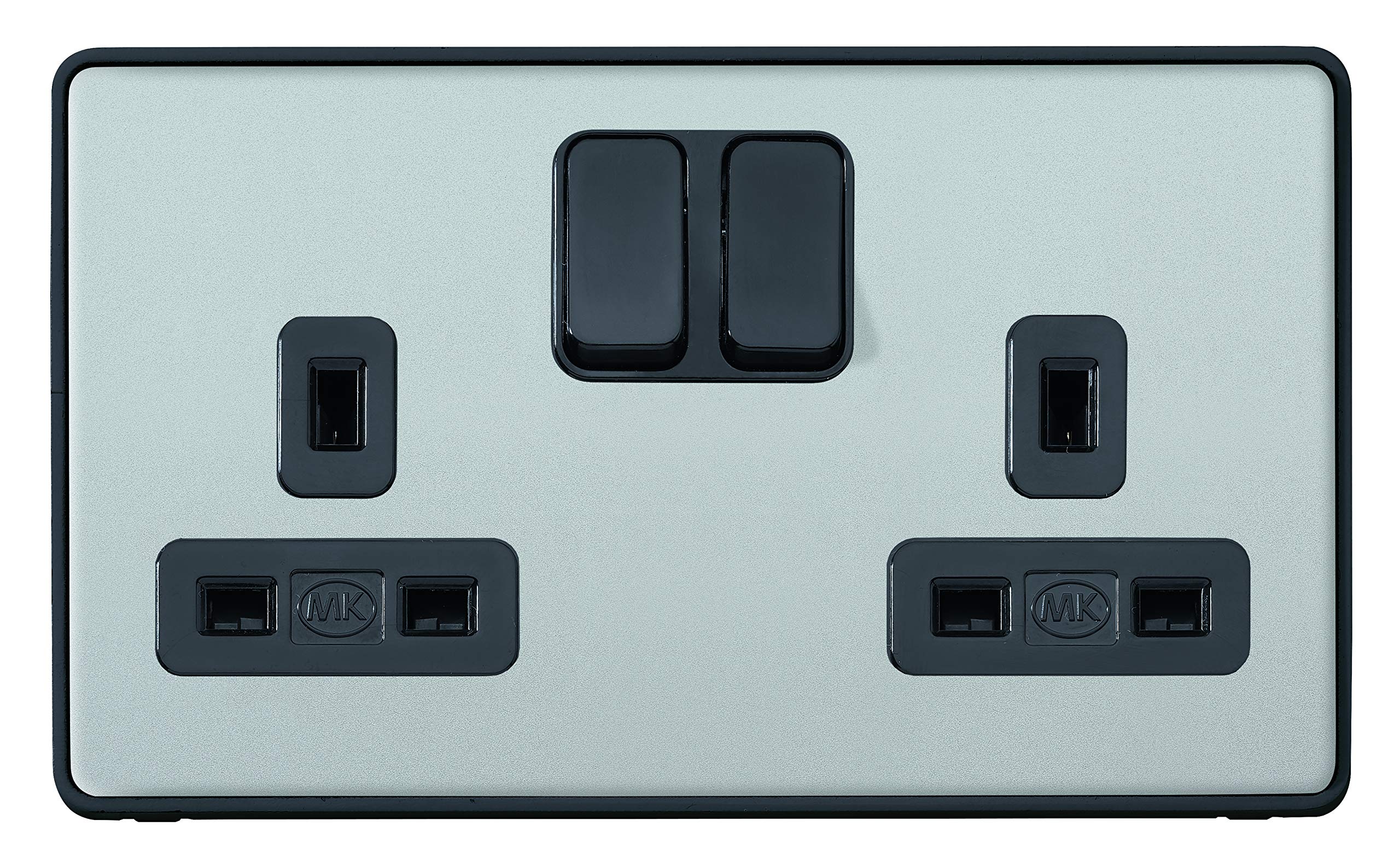 MK Dimensions 2 Gang 13A Dual Earth Switch Socket Satin Steel Finish Frontplate with A Black Trim