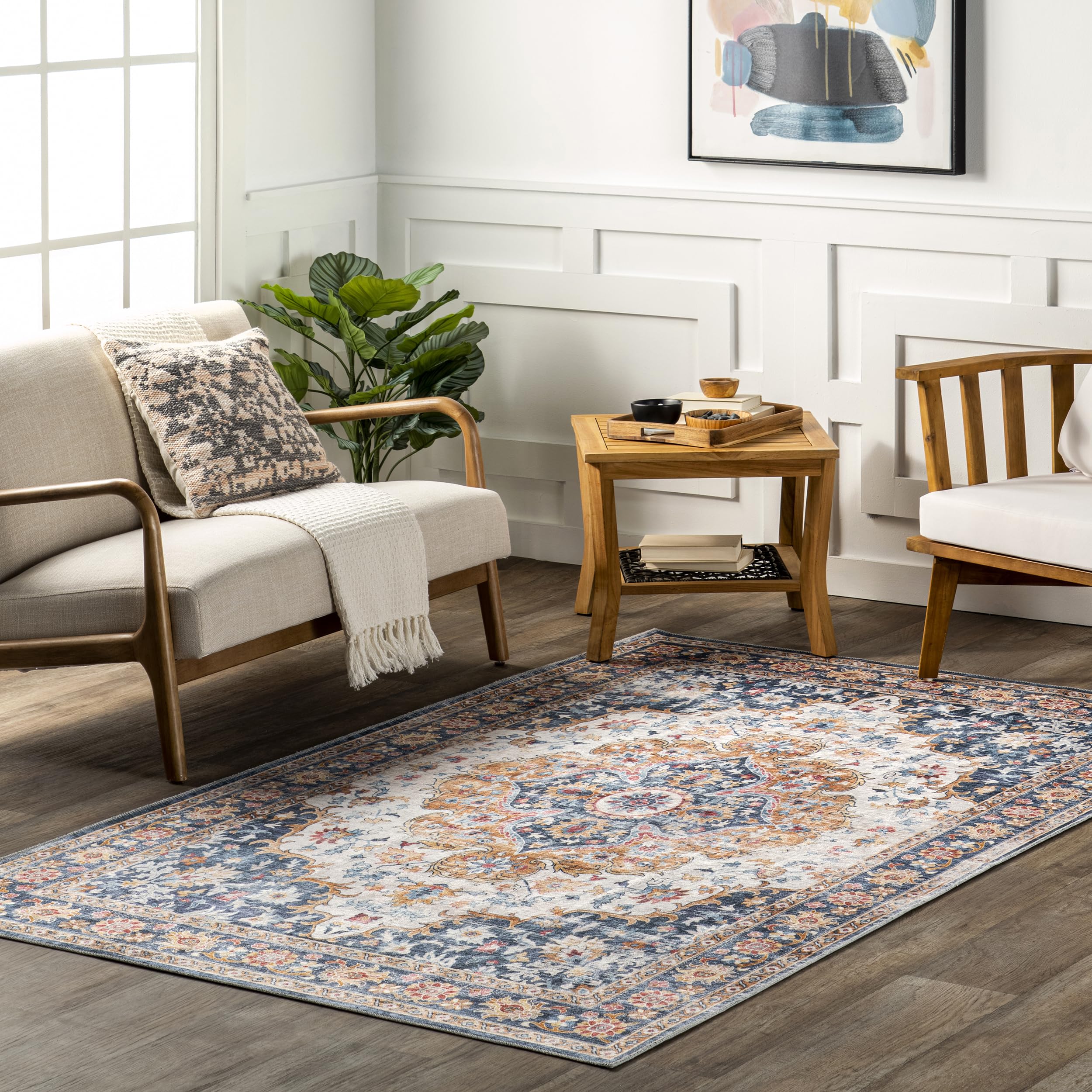 nuLOOM 8′ x 10′ Splashguard Machine Washable Area Rug with Waterproof Spill Proof Surface, Non Slip Backing and Stain Resistant for Living Room, Bedroom, Kitchen, Dining Room, EMI Blue Multicolor
