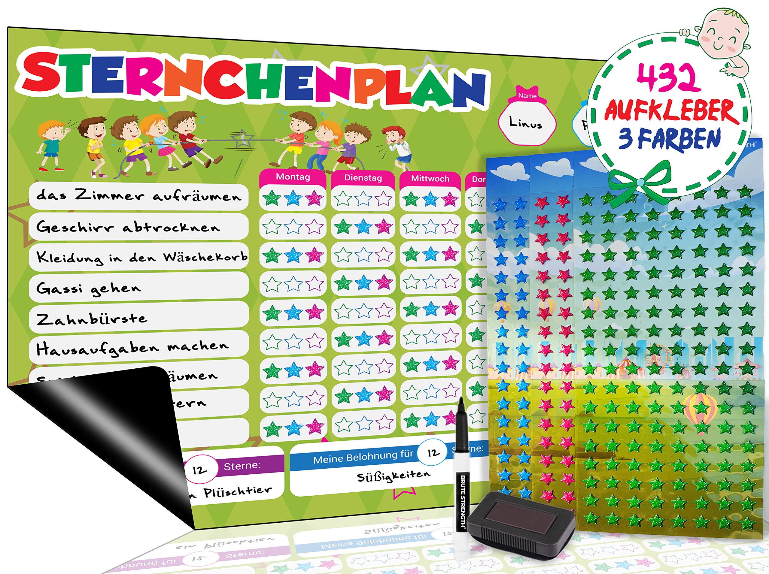 Brute Strength - Weekly Planner Wipe Clean Magnetic Magnetic Magnetic Star Planner / Reward Board for Up to Three Children Party Board, 42 x 30 cm