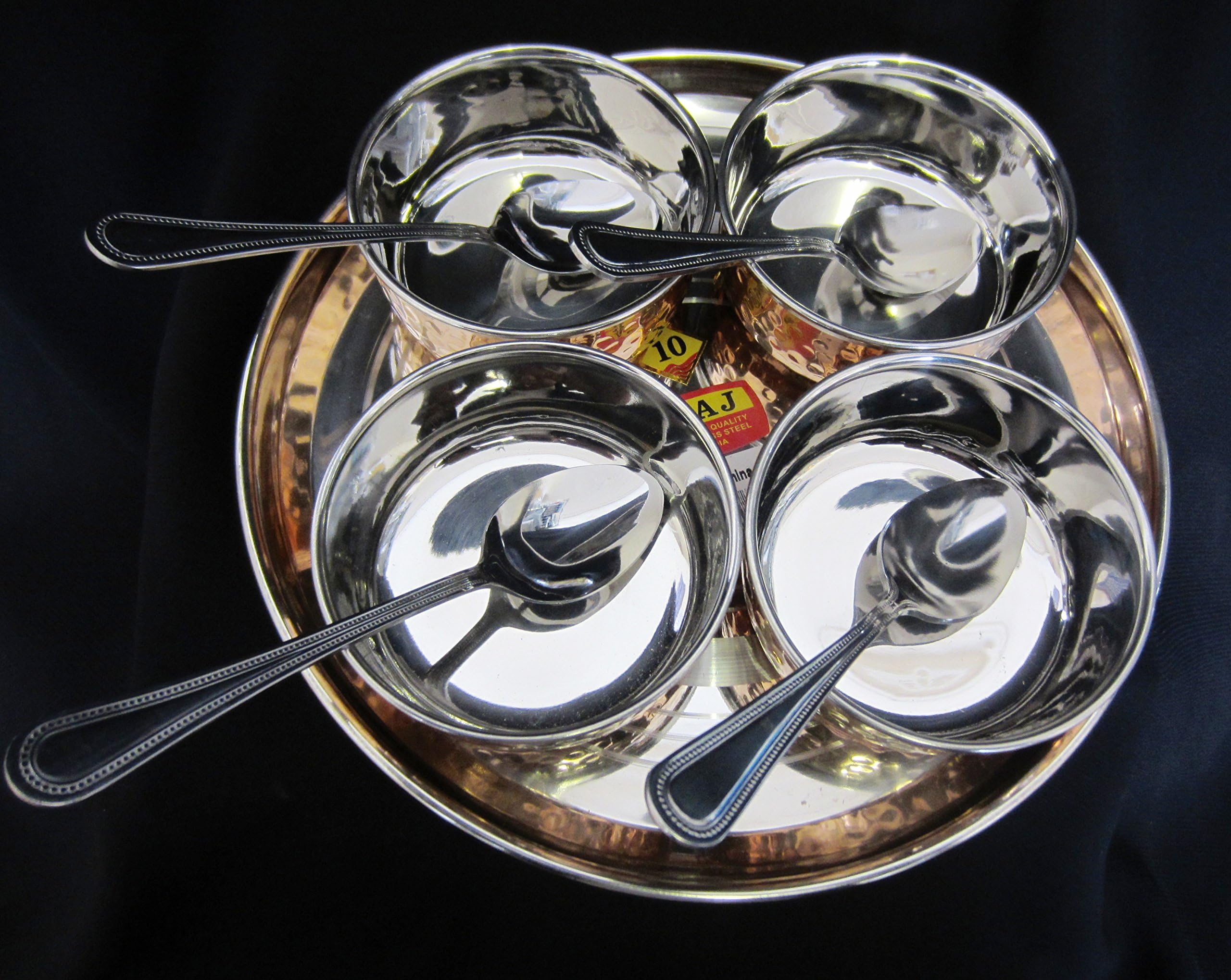 Beghal9 Piece Relish BBQ Pickle Sauce Chutney,Dip Server Dishes in Stainless Steel Thali & Heavy Copper/Stainless Steel Katoris(Bowls)