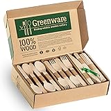 Disposable Wooden Cutlery Set | Biodegradable Compostable Flatware Combo Pack of 300- 80 Forks, 80 Spoons, 40 Knives,100 Coff
