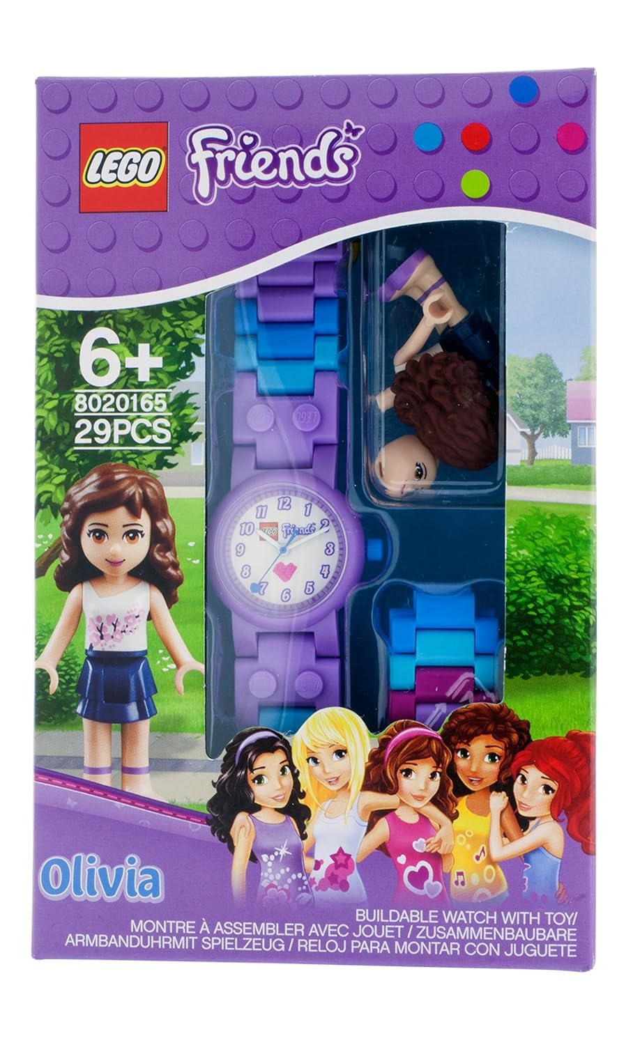 LEGO Friends Orologio da Polso ponibile per Bambini con Cinturino a Maglie e Minifigure Olivia per Bambini Viola Blu Quarzo Analogico