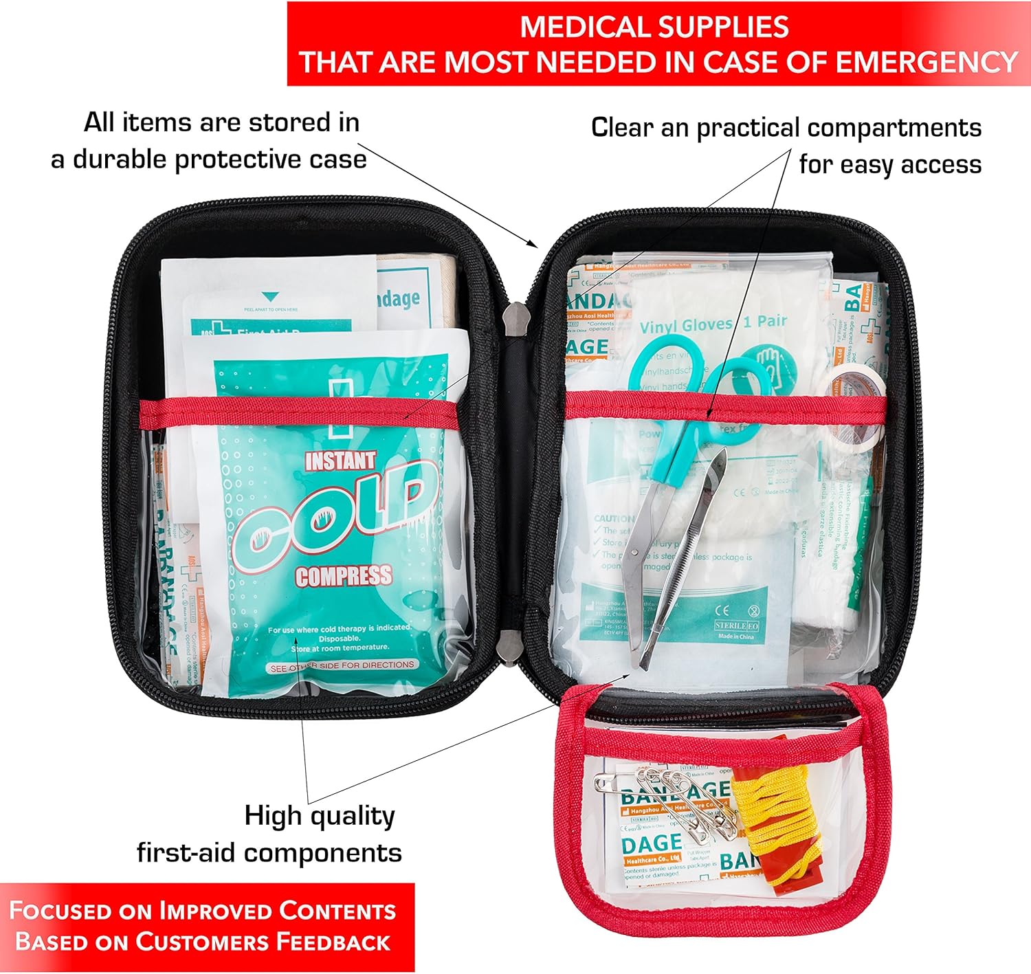 First Aid Kit - 200 Piece - for Car, Home, Outdoors, Sports, Camping, Hiking or Office | Red Case Fully Packed with Emergency Supplies: Health & Personal Care