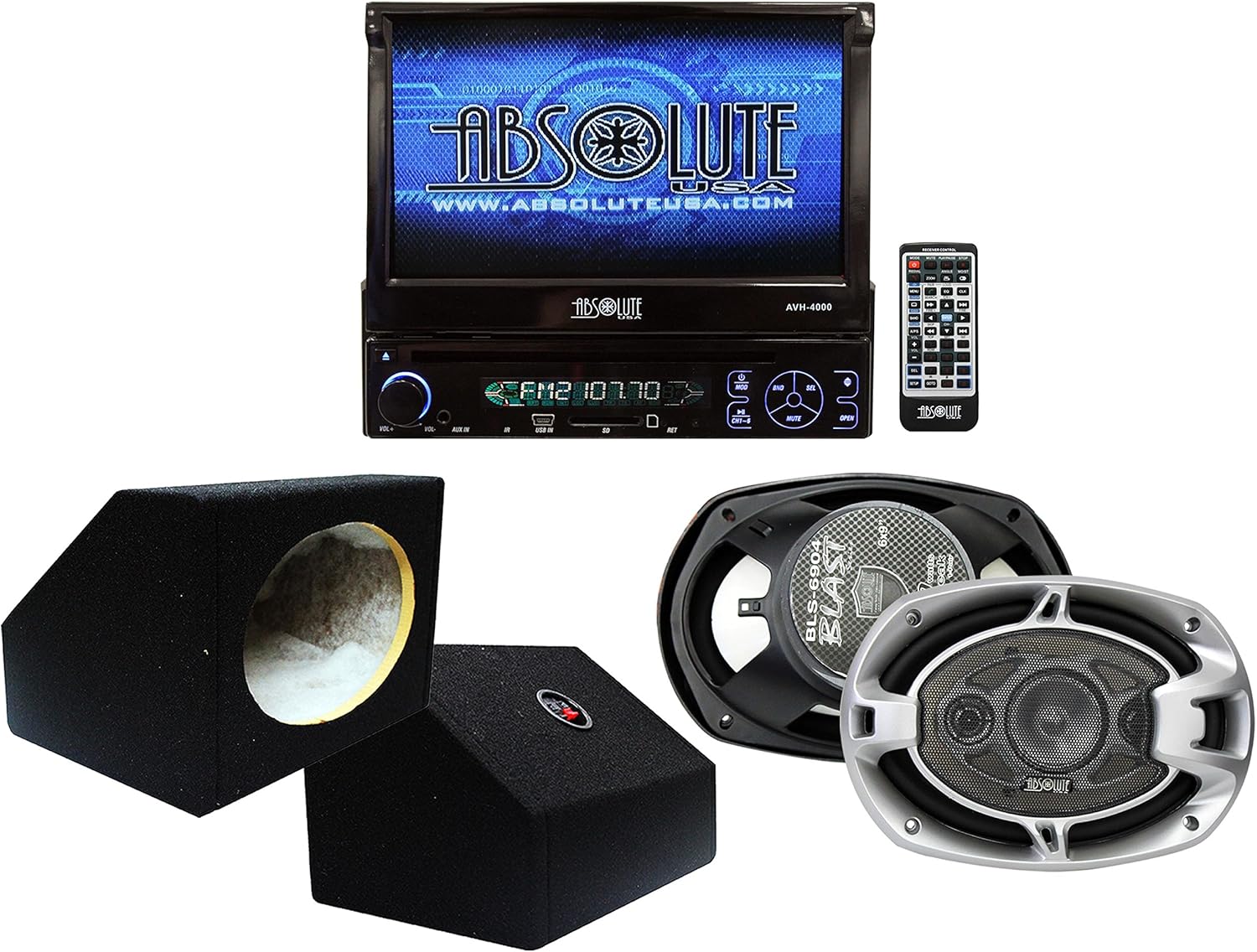 Absolute USA AVH4000PKG 7-Inch in-Dash TFT-LCD Monitor DVD Receiver and Speaker Combo Pack with Two 6 x 9 Inches Enclosure Boxes