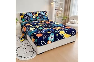 MWMWMW Dinosaur Space Twin Sheets Set Boys Kids, 3 Pieces Kids Cute Planet Printed Microfiber Sheet Sets, Dark Blue Boys Twin Deep Pocket Bed Sheets with Pillowcase