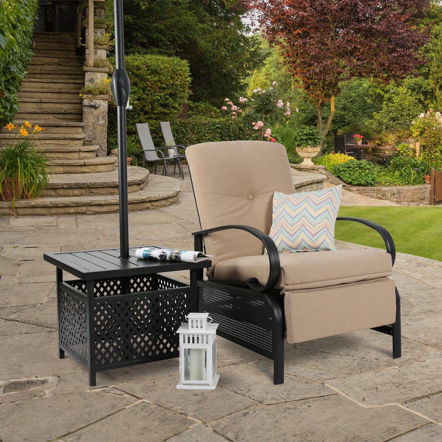 Ulax Furniture Patio Recliner Chair Automatic Adjustable Back Outdoor Lounge Chair with 100% Olefin Cushion (Beige): Kitchen & Dining