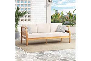 Christopher Knight Home Aston Outdoor 3 Seater Sofa, Upholstered Cushion Couch, Acacia Wood Bench Sofa, Slat Armchair, 73.25" W Spacious Seating Bench Couch for Gardern Porch Balcony, Teak+Beige