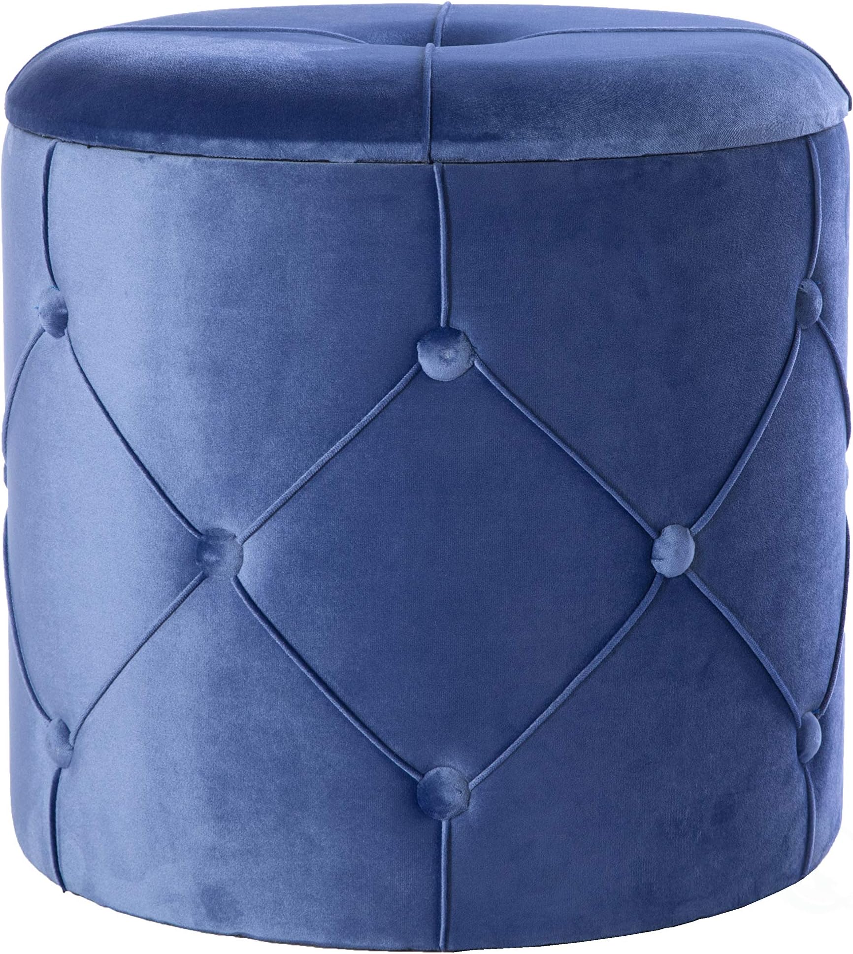 Bold Tones Round Wooden Velvet Ottoman Stool with Lid, Blue,