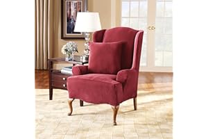 SureFit Stretch Pique 1 PC T Cushion Wing Chair Slipcover in Garnet