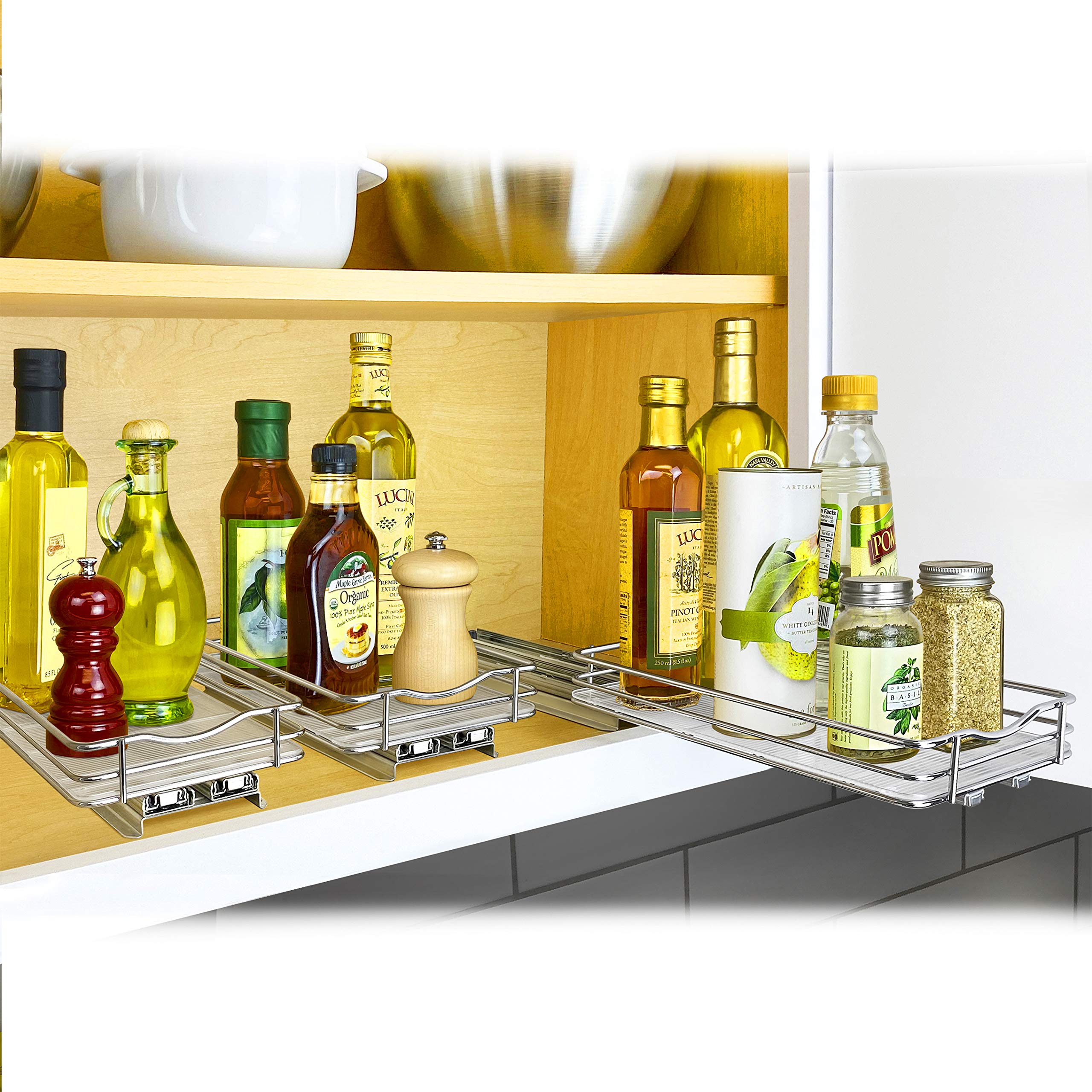 LYNK PROFESSIONAL® Pull Out Spice Rack Organizer for Inside Kitchen Cabinets - 6-3/8 inch Wide - Slide Out Drawer – Chrome Sliding Spice Cabinet Organization Shelf Racks - 1 Tier