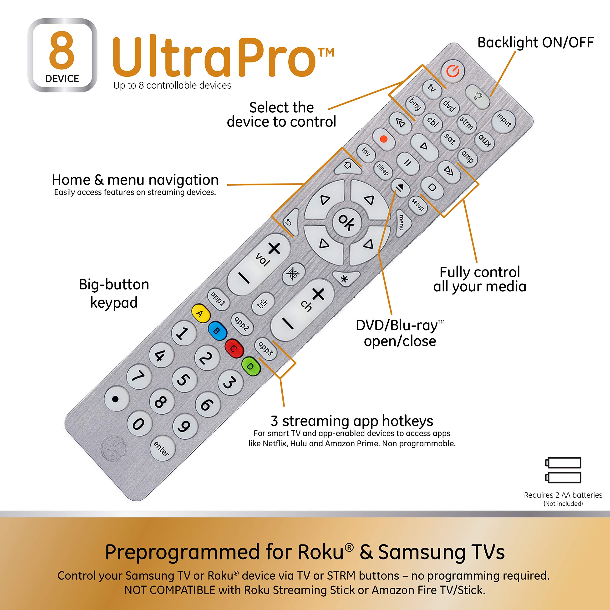 GE Backlit Buttons Universal Remote Control, Samsung TV Remote Control Replacement, Samsung Remote Control for Smart TV, Roku Remote Replacement, Vizio, LG TV, Sony, Apple TV, 8-Device, Silver, 47508
