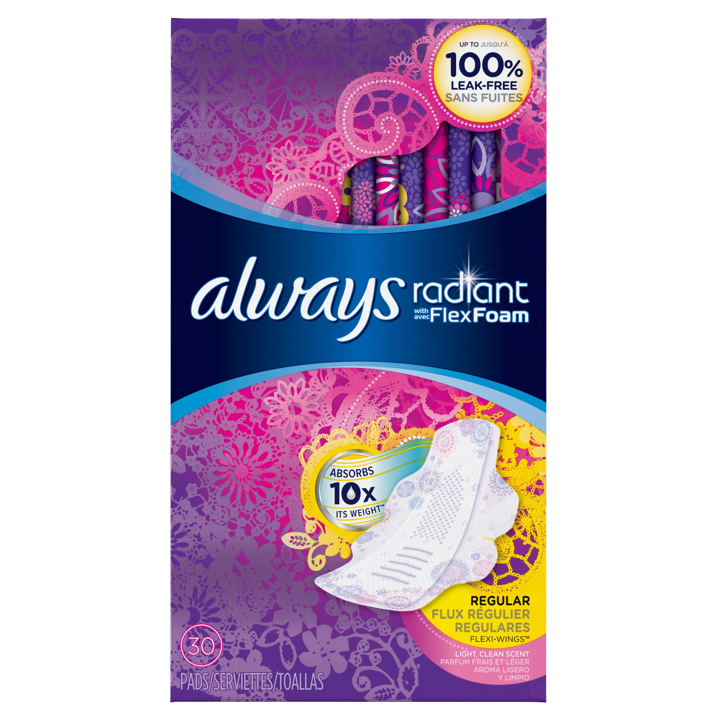 Always Radiant Regular Pads with Wings, Scented, 30 Count (Pack of 3)