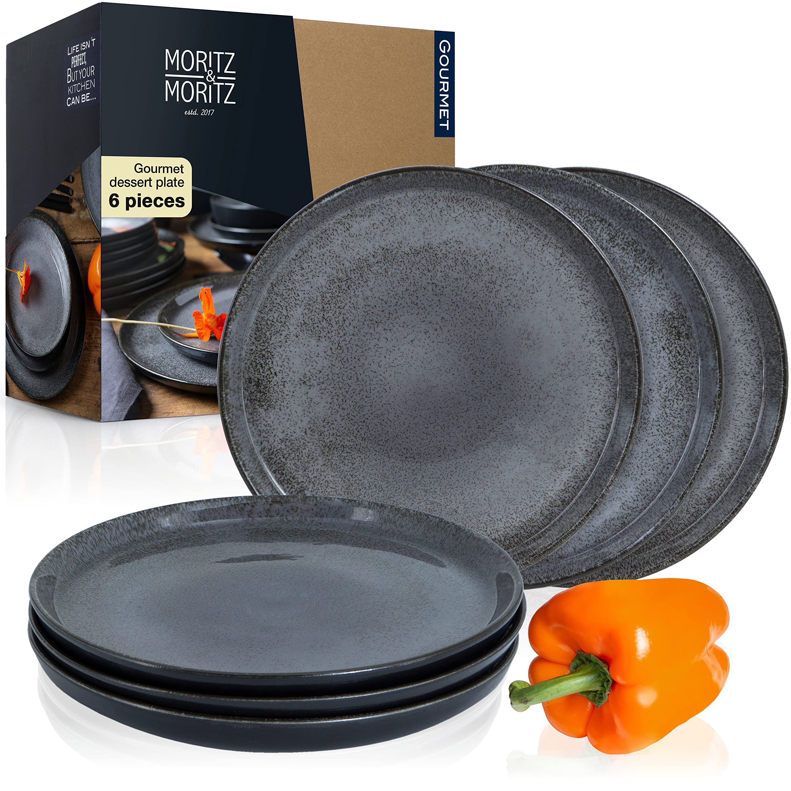 Moritz & Moritz VIDA Dessert Plates Set of 6 - Anthracite Porcelain Plates for 6 - Ø 20cm Plates for Breakfast, Desserts and Everyday Use - Microwave & Dishwasher Safe, Stylish and Durable