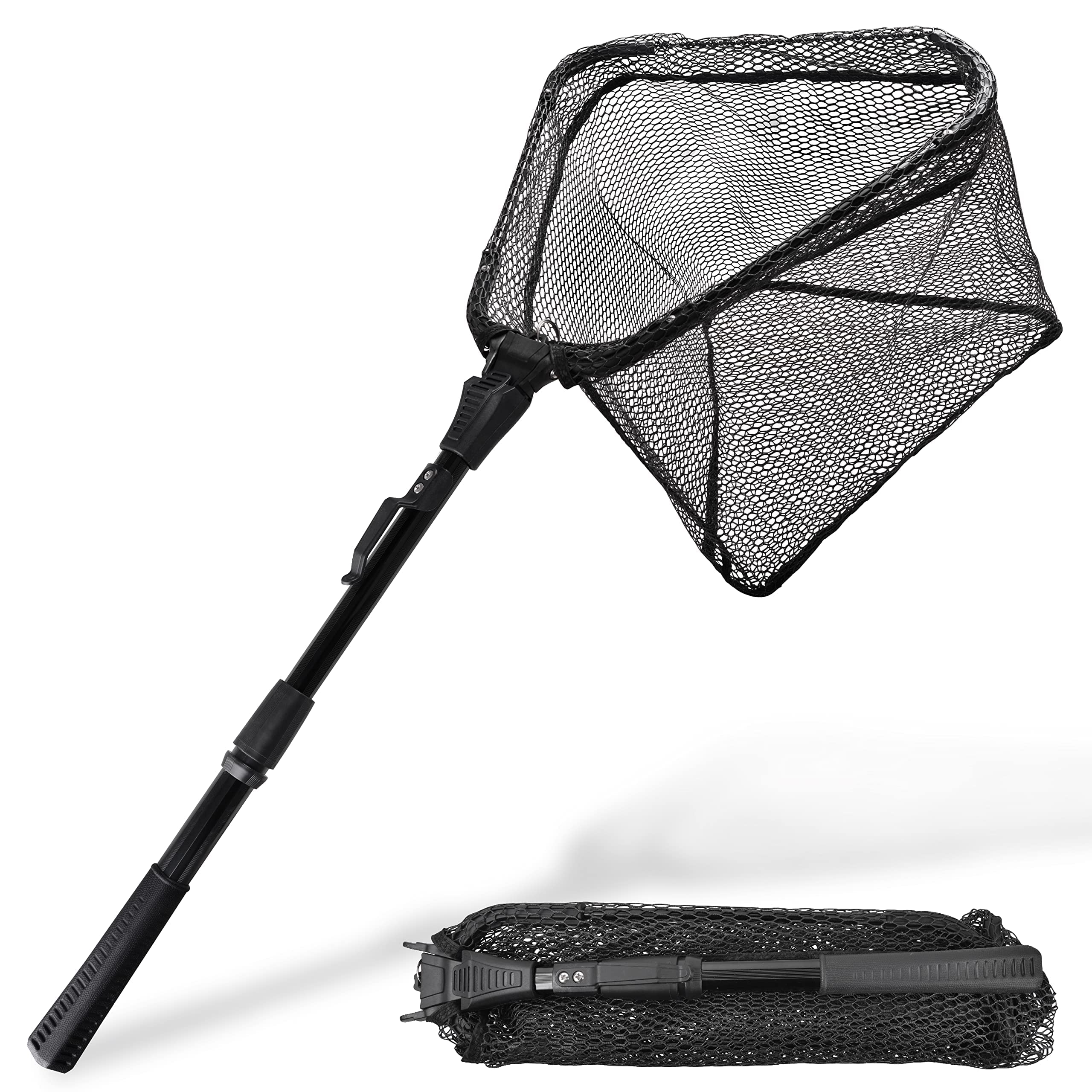 OROOTL Fishing Landing Net, Aluminium Alloy Foldable Fishing Net with Fixed/Telescopic Handle, Rubber Coated Nylon Mesh Fish-Friendly Net for Pike Salmon Trout Catfish, Easy Catch and Release