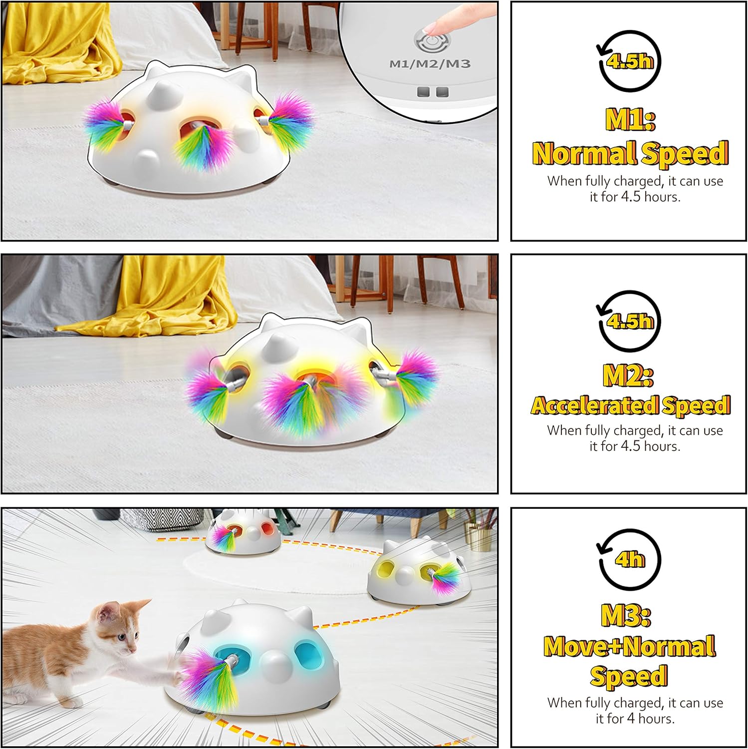 2020 Newest Pop and Play Interactive Cat Toy, Low Noise Robotic Cat Toy with 900mAh Rechargeable Battery&Auto Shut-Off, 3 Adjustable Speed, Electronic Cat Toys for Indoor Cats, Includes 4 Accessories : Pet Supplies