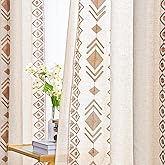 Boho Curtains 2 Panels for Bedroom Beige Geometric Embroidered Curtain 84 Inches Long Vintage Linen Textured Farmhouse Curtains for Living Room Light Filtering Drapes Grommet Top Beige on Cream