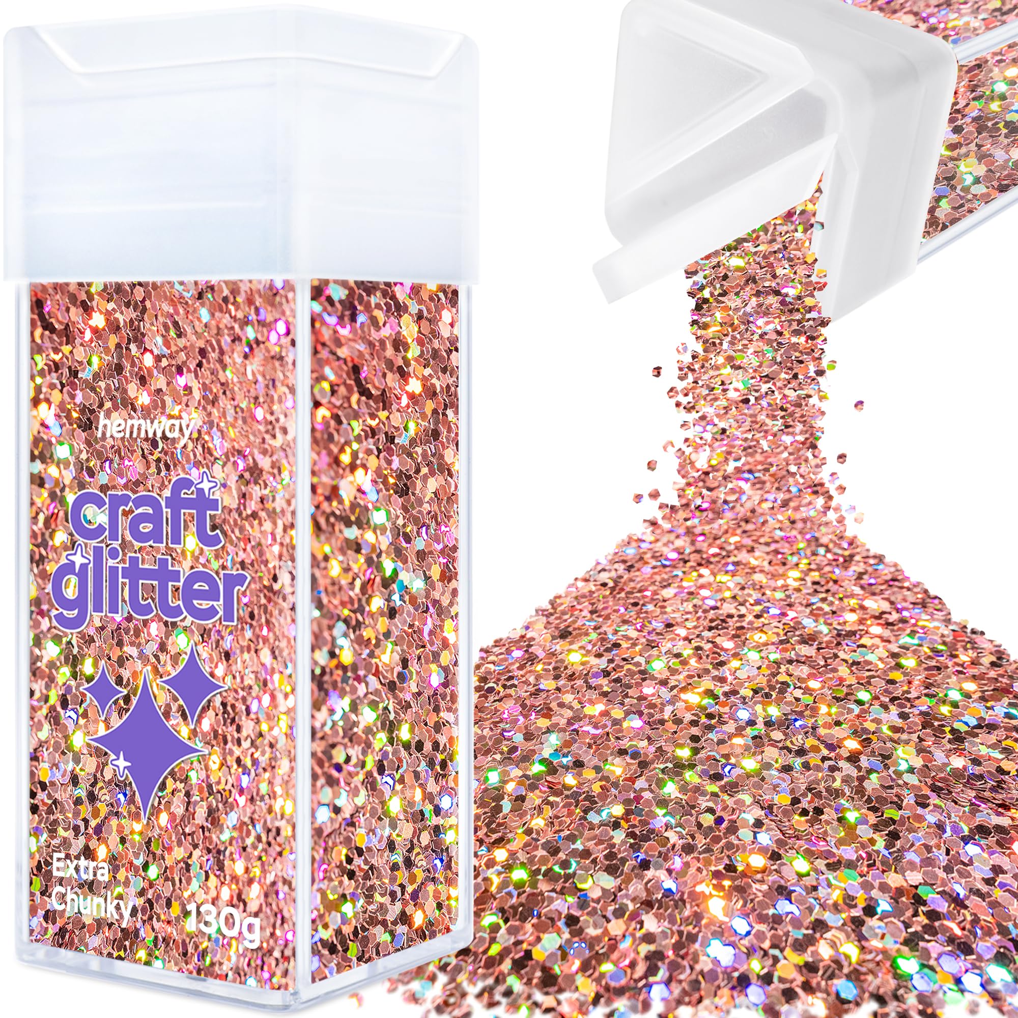 Hemway Glitter Shaker Rose Gold Holographic 110g Extra Chunky, Craft Glitter Shaker for Resin & Epoxy Crafts, Christmas Art Supplies, Nail, Body, Face, Eye, Festival, Crafting, Slime, Sparkle
