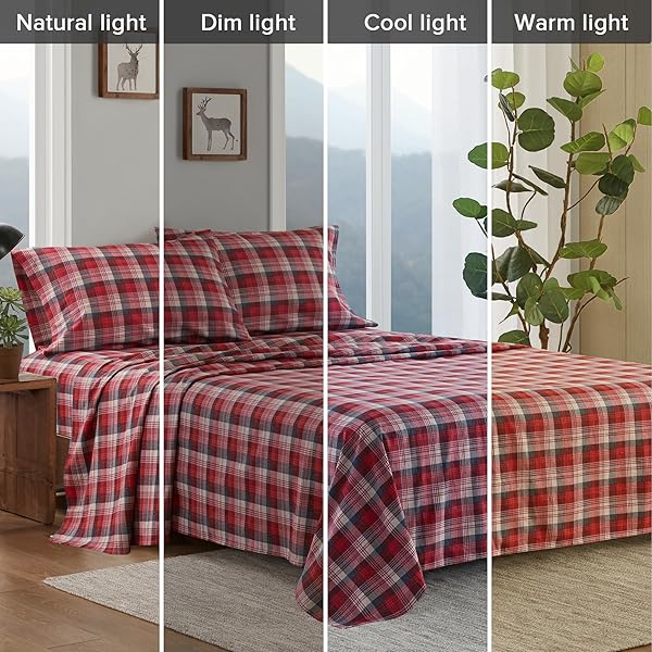 WOOLRICH COTTON SHEET SET COTTAGE CHARMS PRINT, 100% COTTON FLANNEL SHEETS WARM & FUZZY BEDDING SET KING SIZE SHEETS, FITTED POCKET FITS UP TO 14″ MATTRESS, KING RED PLAID, 4 PIECE