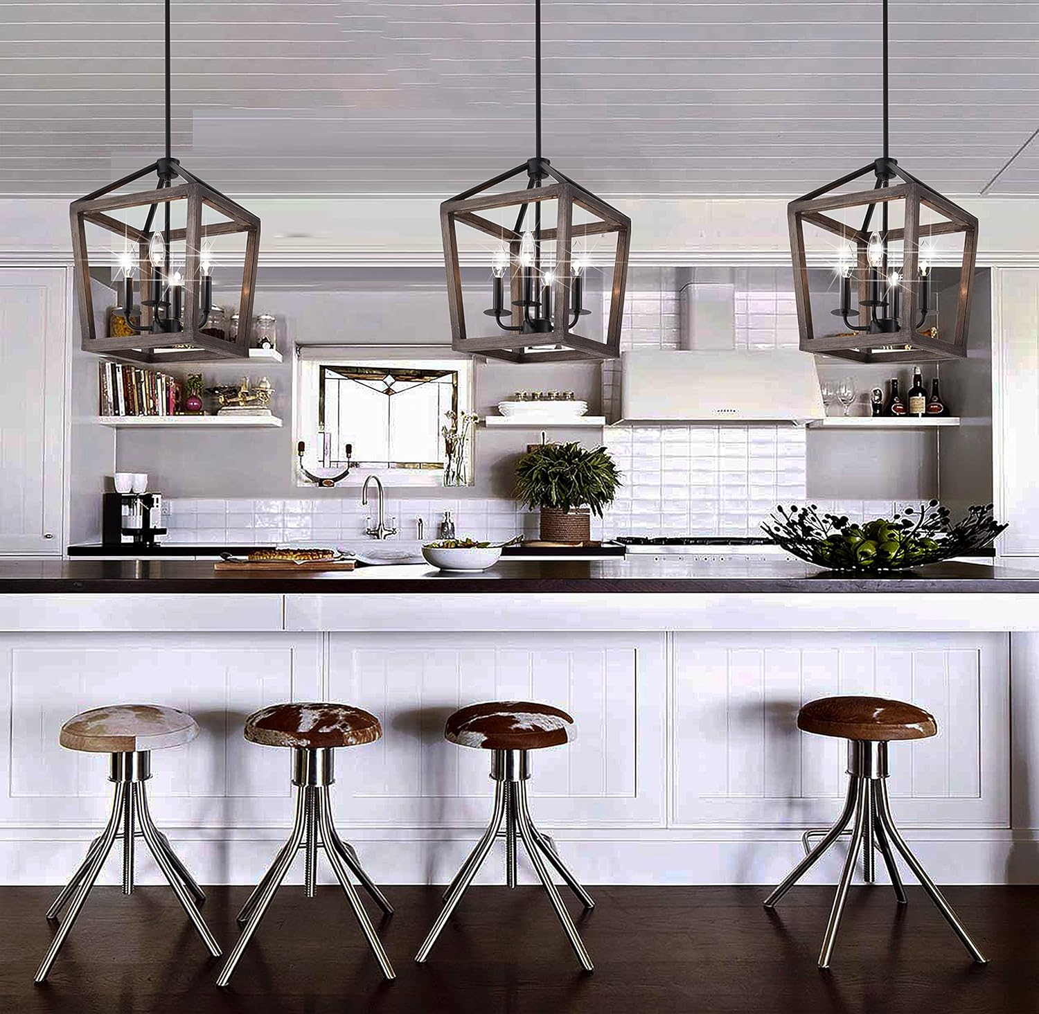 4-Light Chandelier Rustic Metal Pendant Light, Adjustable Height Lantern Hanging Light with Wood Finish, Farmhouse Lighting Fixtures for Living Room, Kitchen, Hallway and Entryway. - - 