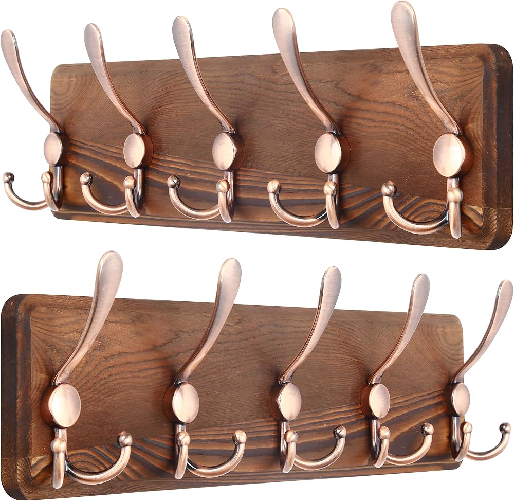 SKOLOO Coat Rack Wall Mounted Pack of 2 5 Triple Hooks Rustic Wood Brown Red