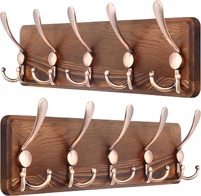 SKOLOO Coat Rack Wall Mounted Pack of 2 5 Triple Hooks Rustic Wood Brown Red