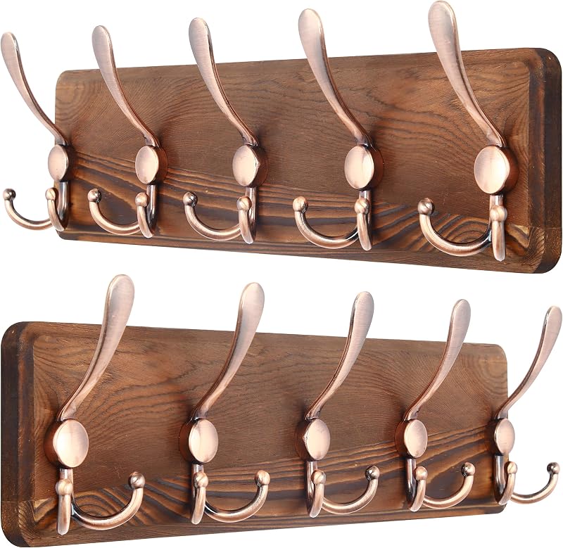 SKOLOO Coat Rack Wall Mounted Pack of 2 5 Triple Hooks Rustic Wood Brown Red