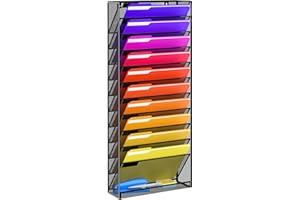 JMHUD 12-Tier Wall File Organizer Mesh Metal Hanging File Folder Organizer, No Assembly Magazine Document Paper Rack, File Organizer Wall Mount for Office Home, Black