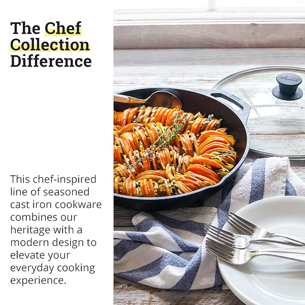 LODGE 12 INCH CAST IRON EVERYDAY PAN – CHEF COLLECTION – USE ON OVEN, STOVE, GRILL, OR FIRE – EASY TO CLEAN – CAST IRON PAN WITH LID – DURABLE COOKWARE