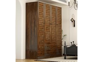 ECACAD Large Wardrobe Armoire with Multi-Tier Shelves, 5 Drawers, Hanging Rod & 4 Louver Doors, Wooden Closet Storage Cabinet for Bedroom, Black Brown (59.1”W x 19.1”D x 70.5”H)