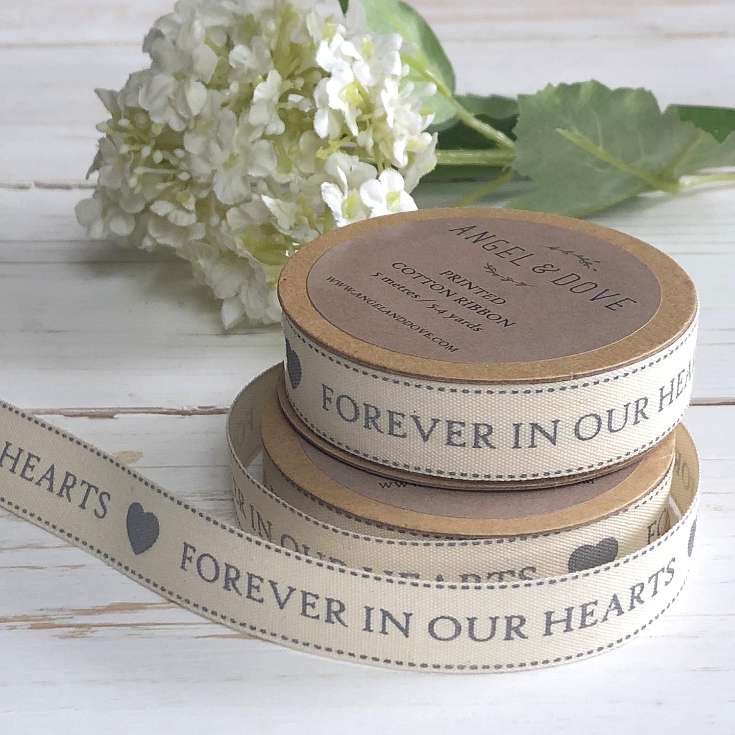 ANGEL & DOVE 5m Roll of 'Forever in Our Hearts' Printed Cotton Ribbon - Ideal for Funeral Favours Sympathy Gift Wrapping - Image 3