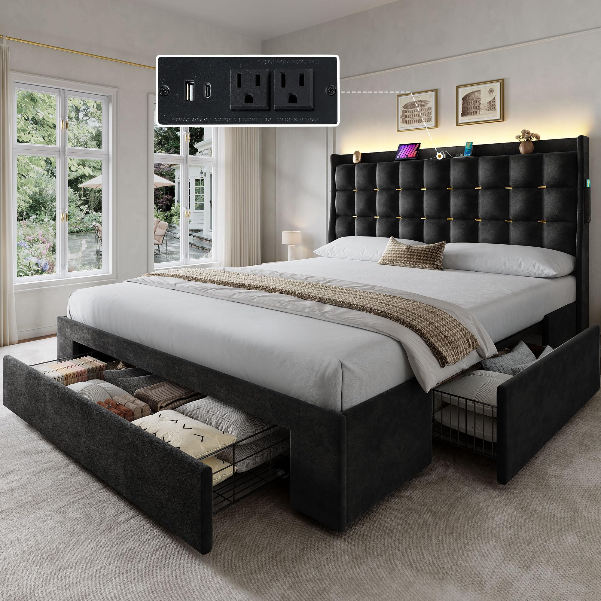 Photo 1 of **-BOX 2/2 ONLY, PARTIAL SET** YITAHOME Queen Size Bed Frame with 3 Storage Drawers and RGB LED Lights, Velvet Upholstered Bed with Charging Station and Storage Headboard, No Box Spring Needed, Easy Assembly, Noise-Free, Black