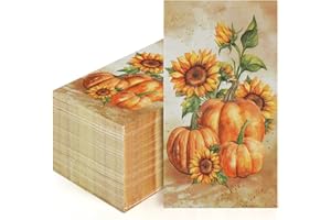 Homlouue 100 PCS Thanksgiving Napkins 3-Ply Disposable Fall Paper Napkins for Thanksgiving Harvest Fall Party Pumpkin & Sunflower Paper Guest Towels For Bathroom Kitchen Home Decoration Vintage Design