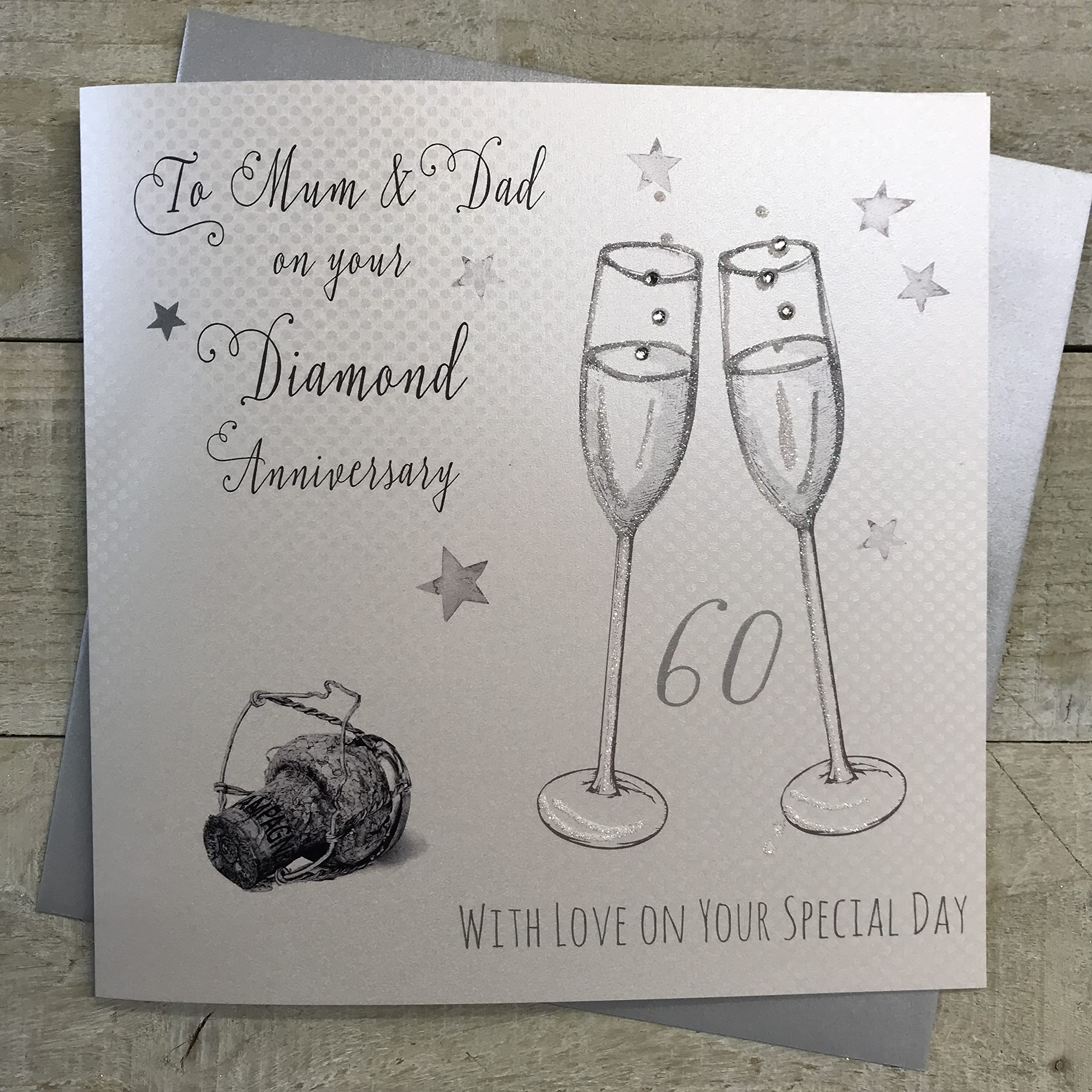 white cotton cards To Mum and Dad on Your Diamond Anniversary, Handmade Large 6Oth Diamond Anniversary Card Champagne, XLWA60M