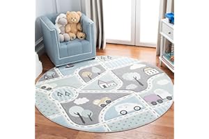 SAFAVIEH Carousel Kids Collection 3' Round Grey/Light Blue CRK193F Neighborhood Non-Shedding Nursery Playroom Area Rug