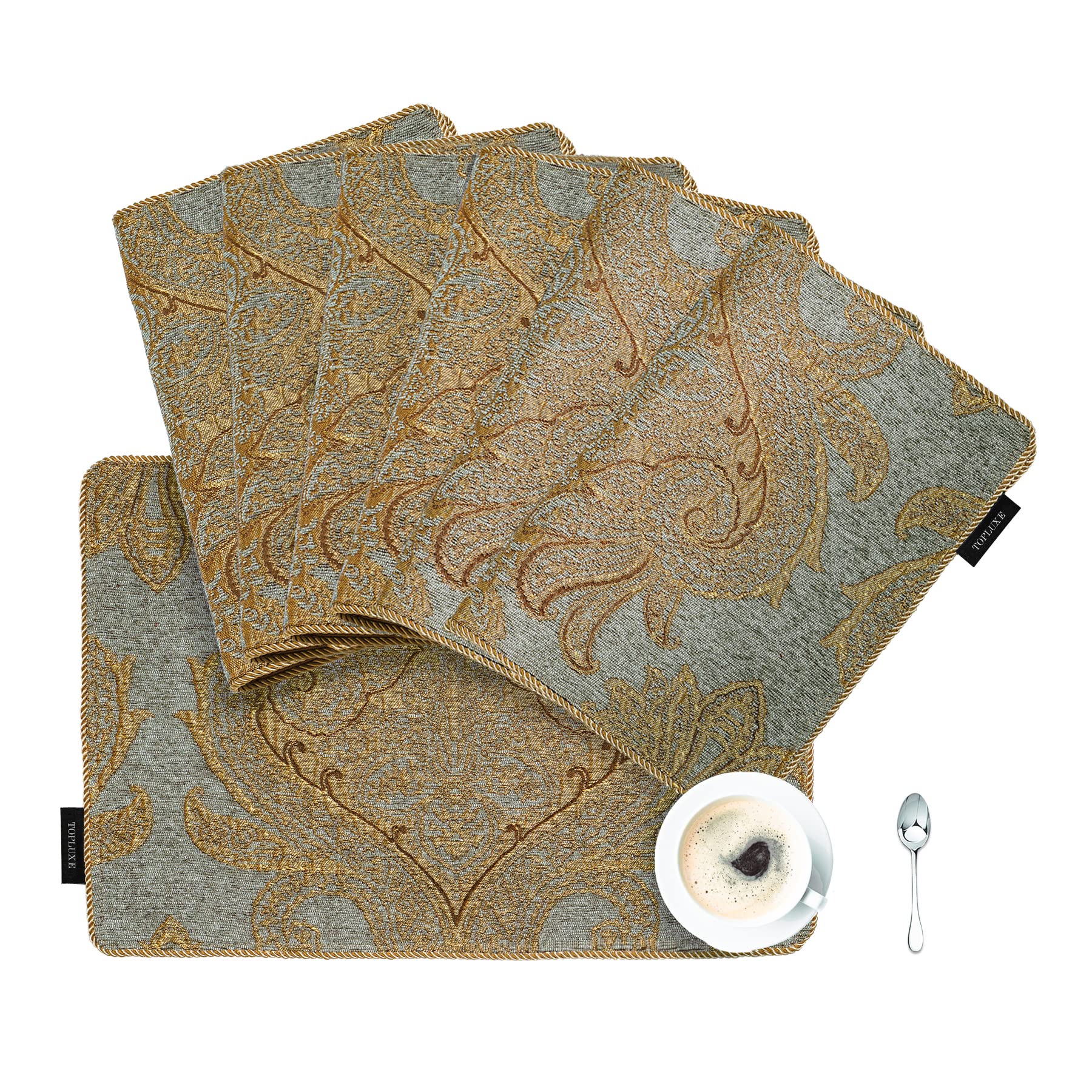 TOPLUXE Placemats 30x45cm, Damask Table Mats for Dining Room/Restaurant/Banquet/Festival Decoration (Set of 6, Light Grey Blue)